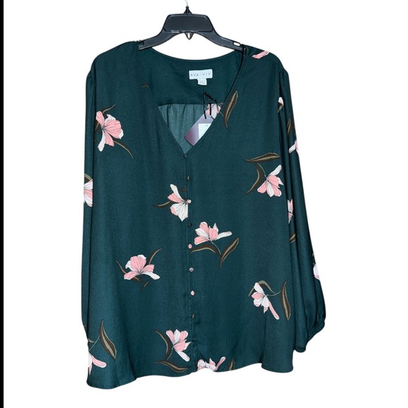 AVA & VIV Dark Green Blouse with Pink Floral Design NWT size 3X - Picture 2 of 6
